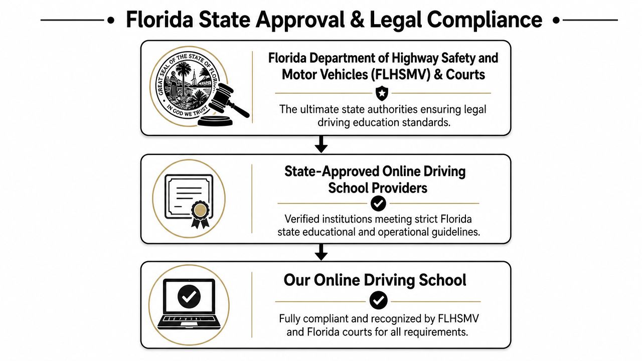 A flowchart showing the Florida state approval hierarchy for online driving schools and legal compliance standards.