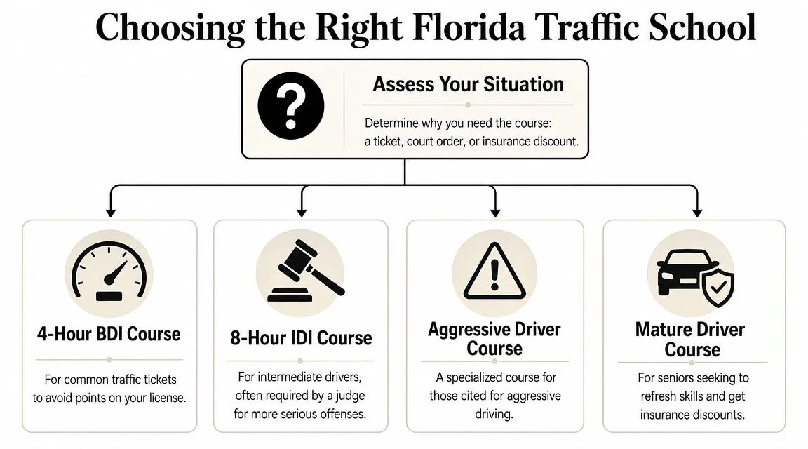 A flowchart guide explaining how to choose the right Florida traffic school course based on your situation.