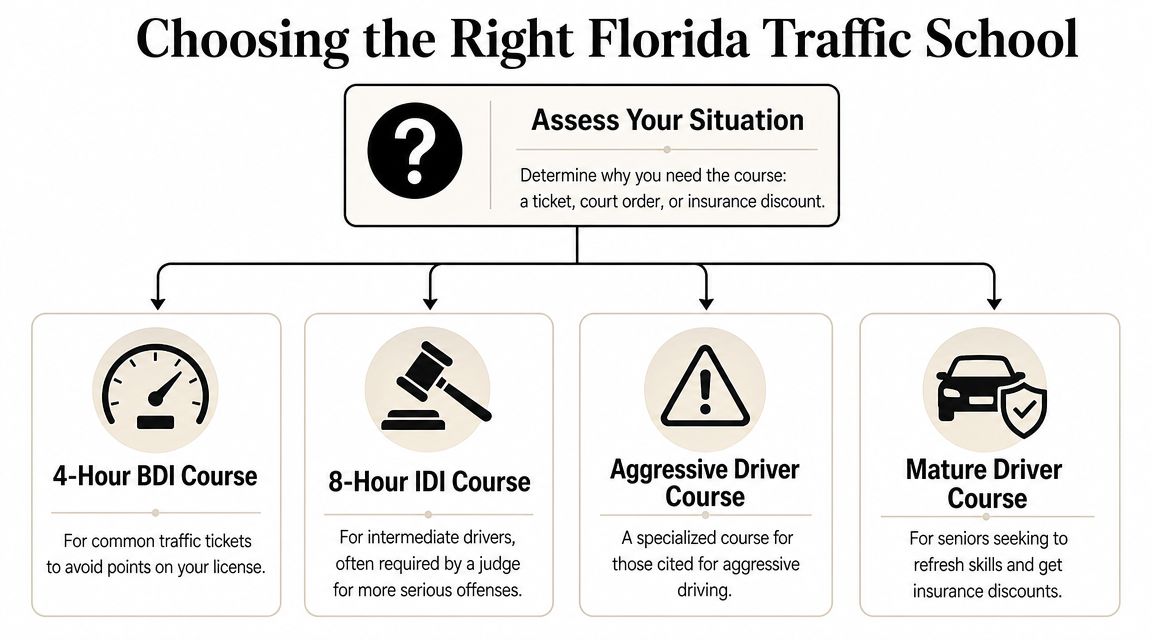 A flowchart guide explaining how to choose the right Florida traffic school course based on your situation.