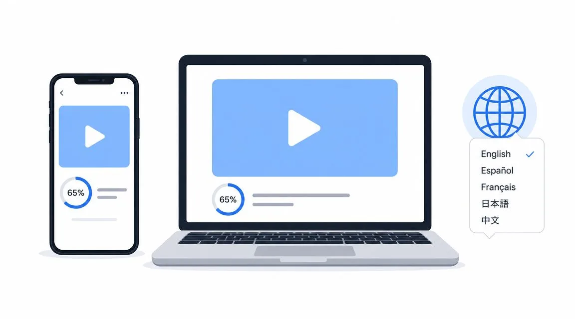 A smartphone and laptop displaying progress bars and a language selection menu icon for online platforms.