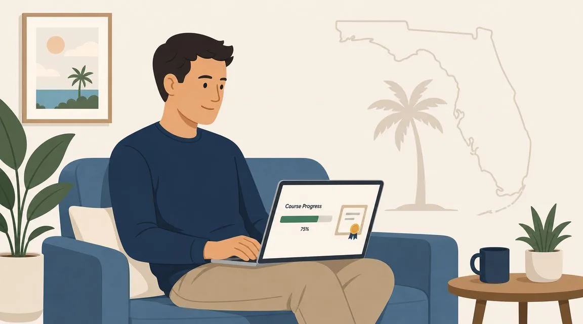 A young man sitting on a blue sofa, using a laptop to complete an online traffic school course.