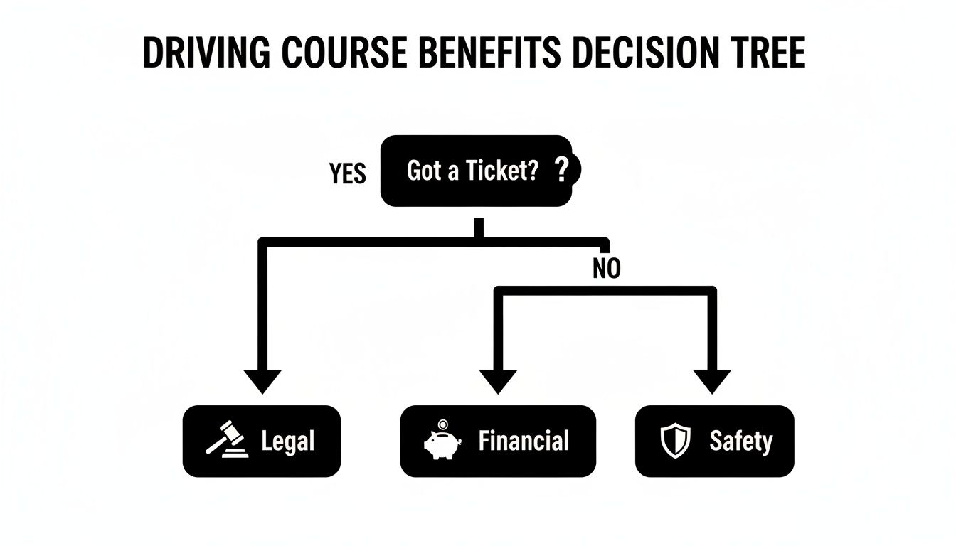 Decision tree illustrating driving course benefits: Legal if ticketed, Financial and Safety if not.