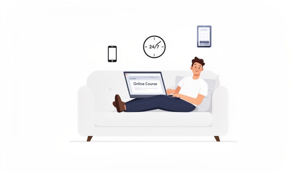 A man relaxes on a white couch, taking an online course on his laptop, with icons for mobile, 24/7, and tablet symbolizing flexible learning.