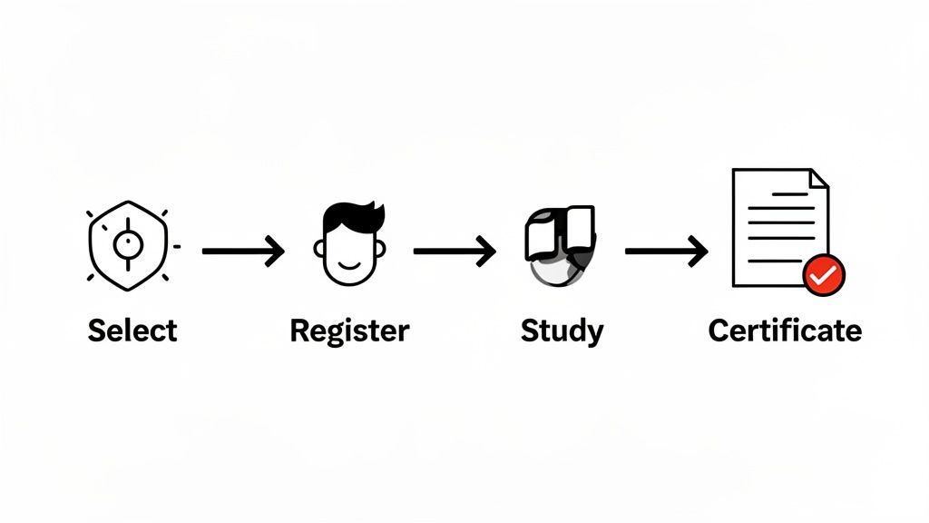 A four-step process: Select, Register, Study, and receive a Certificate, illustrating a course journey.