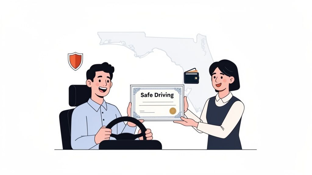 A happy man in a car receives a 'Safe Driving' certificate from a woman, with Florida map and safety icons.