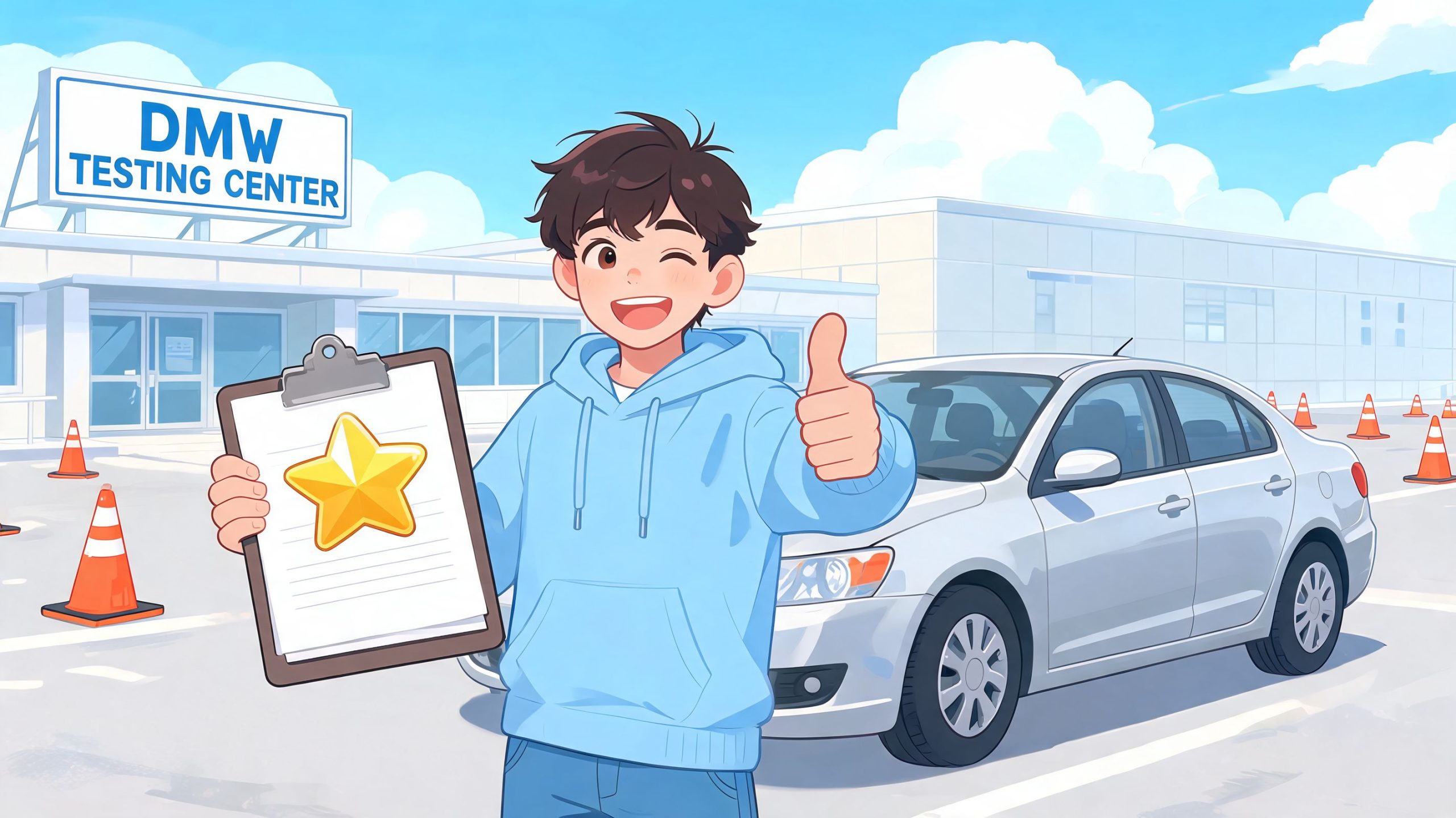 A happy teen boy winking and giving a thumbs up after passing his DMW driving test.