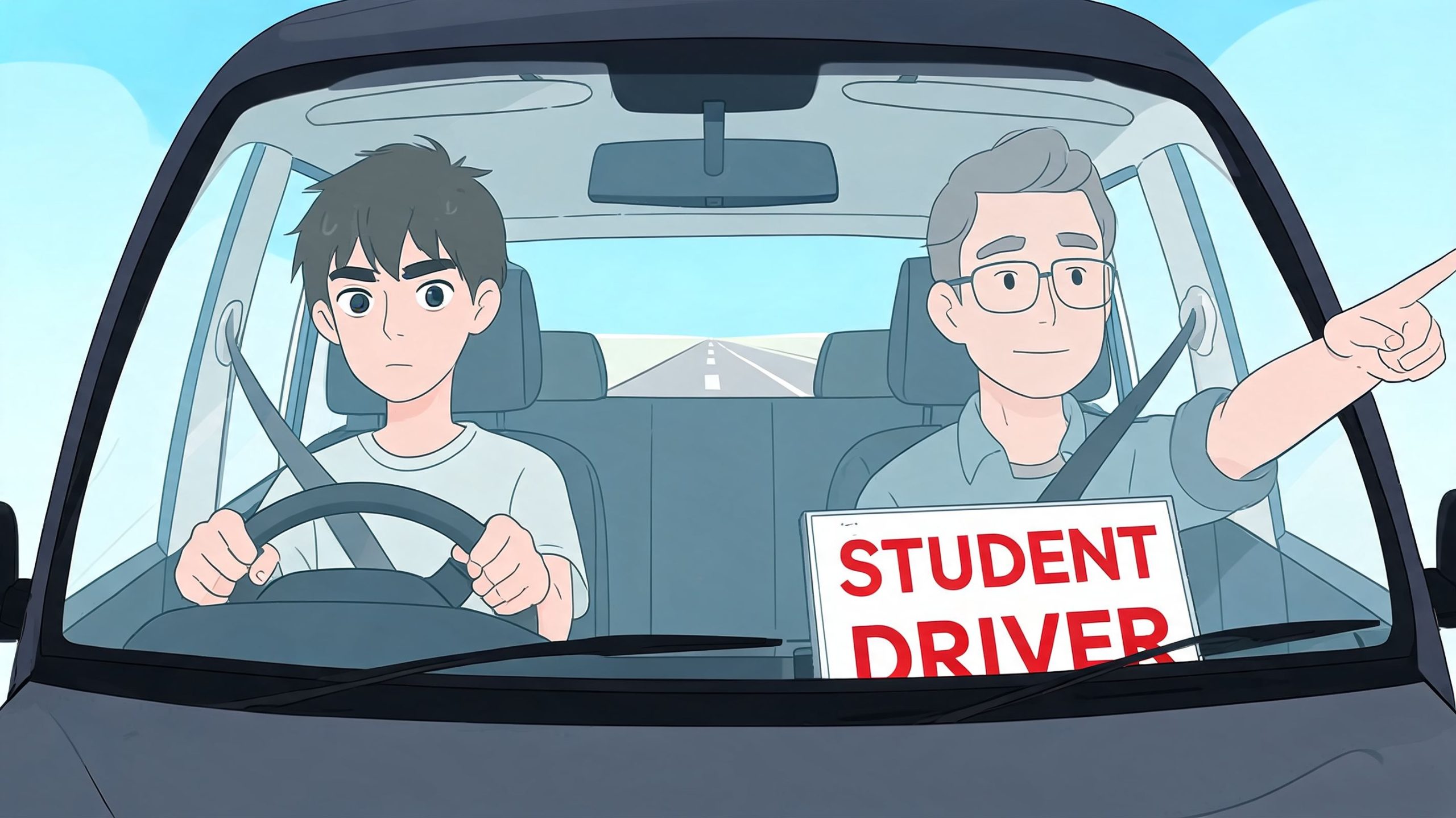 A teenager looking nervous while driving a car with an adult instructor pointing towards the road.