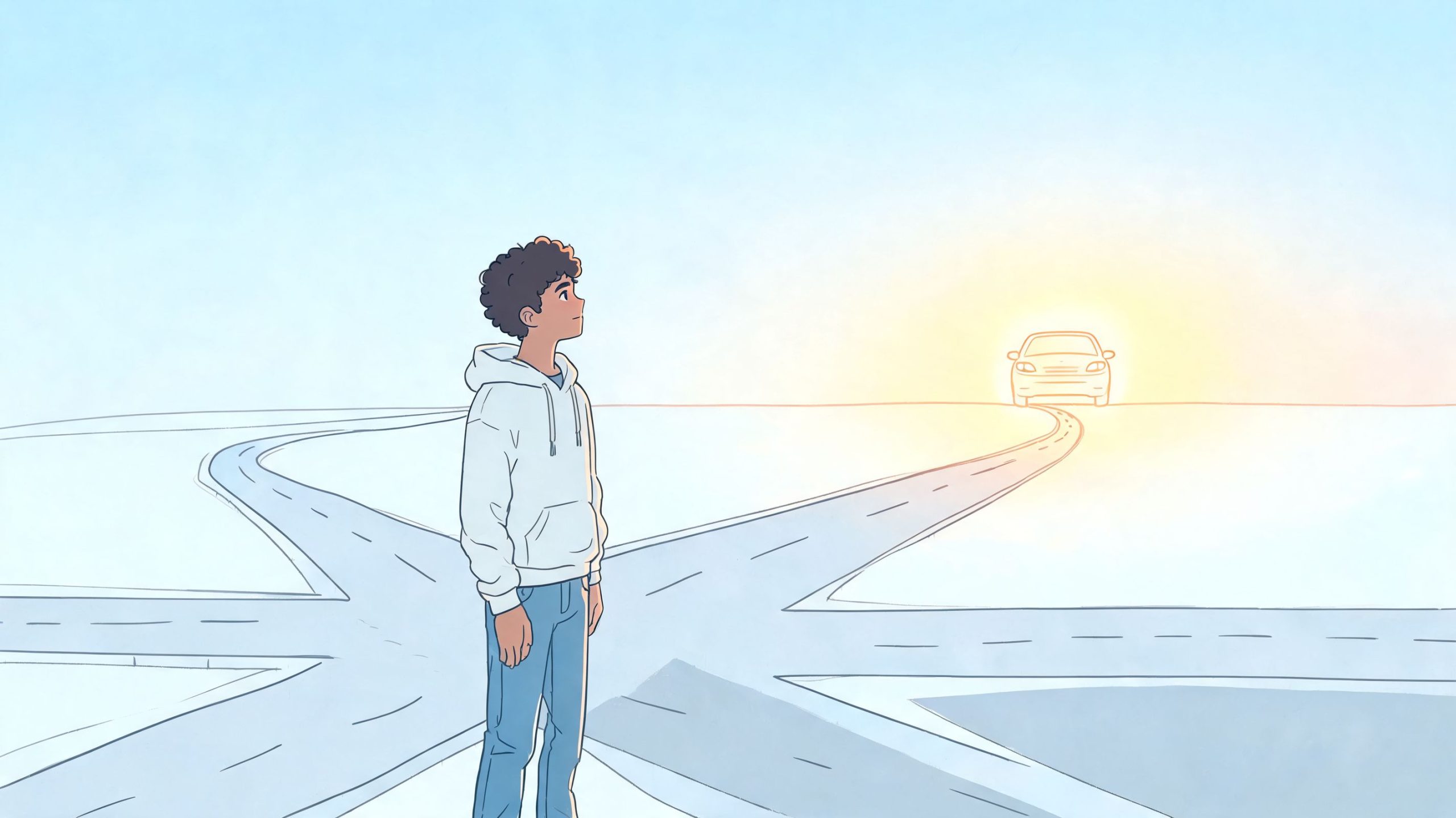 A young boy standing at a crossroads, contemplating his future before starting to learn to drive.
