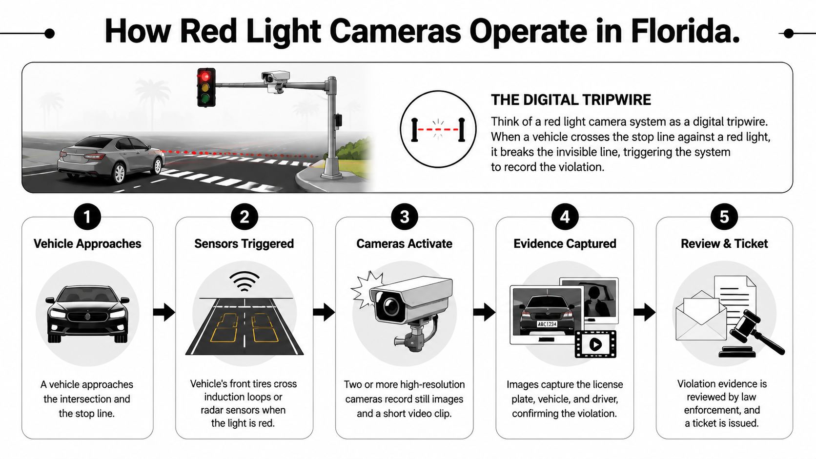 An infographic illustrating the five-step process of how red light traffic cameras function in Florida.
