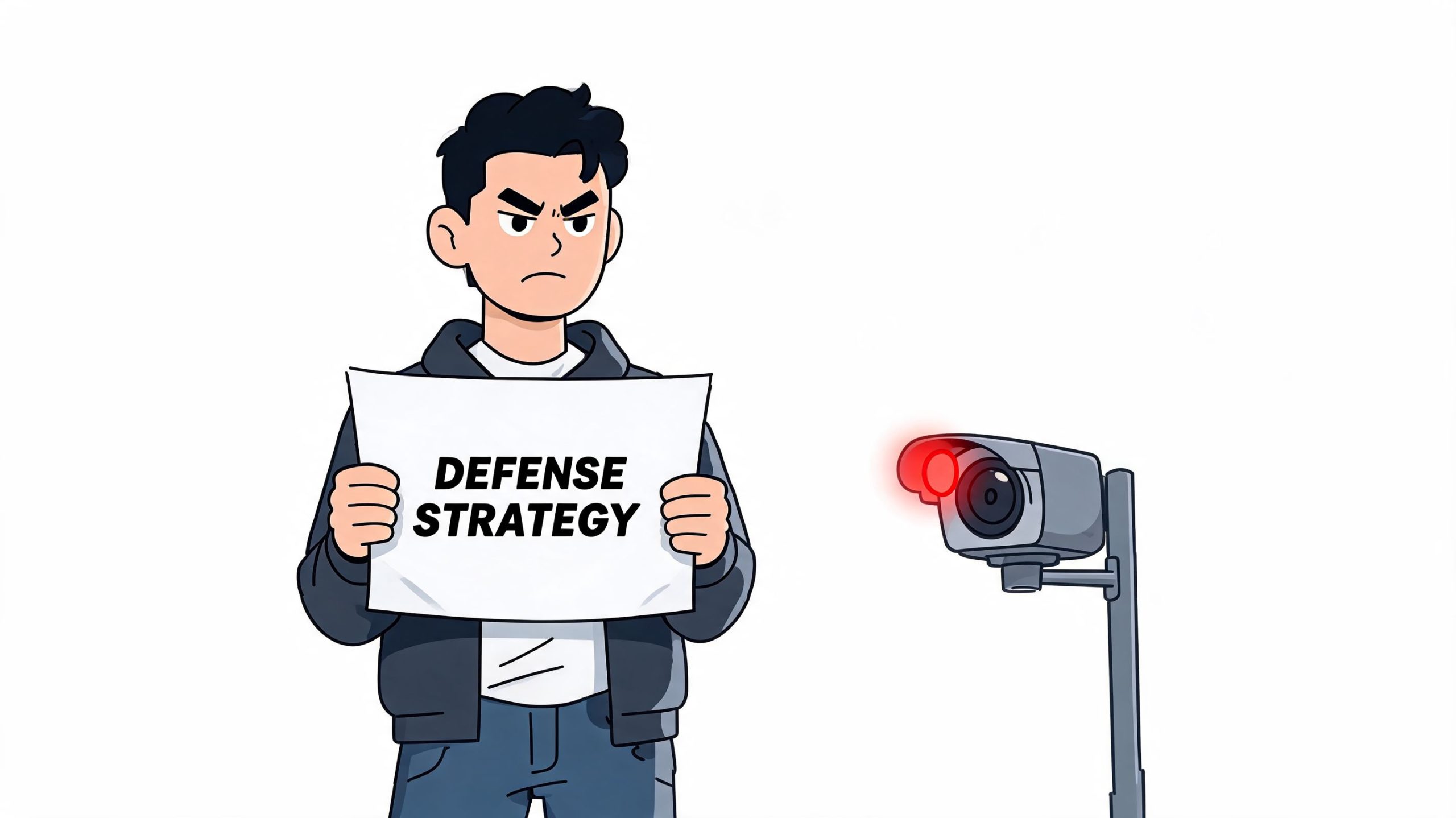 A stern young man holds a sign reading Defense Strategy while standing before a security surveillance camera.