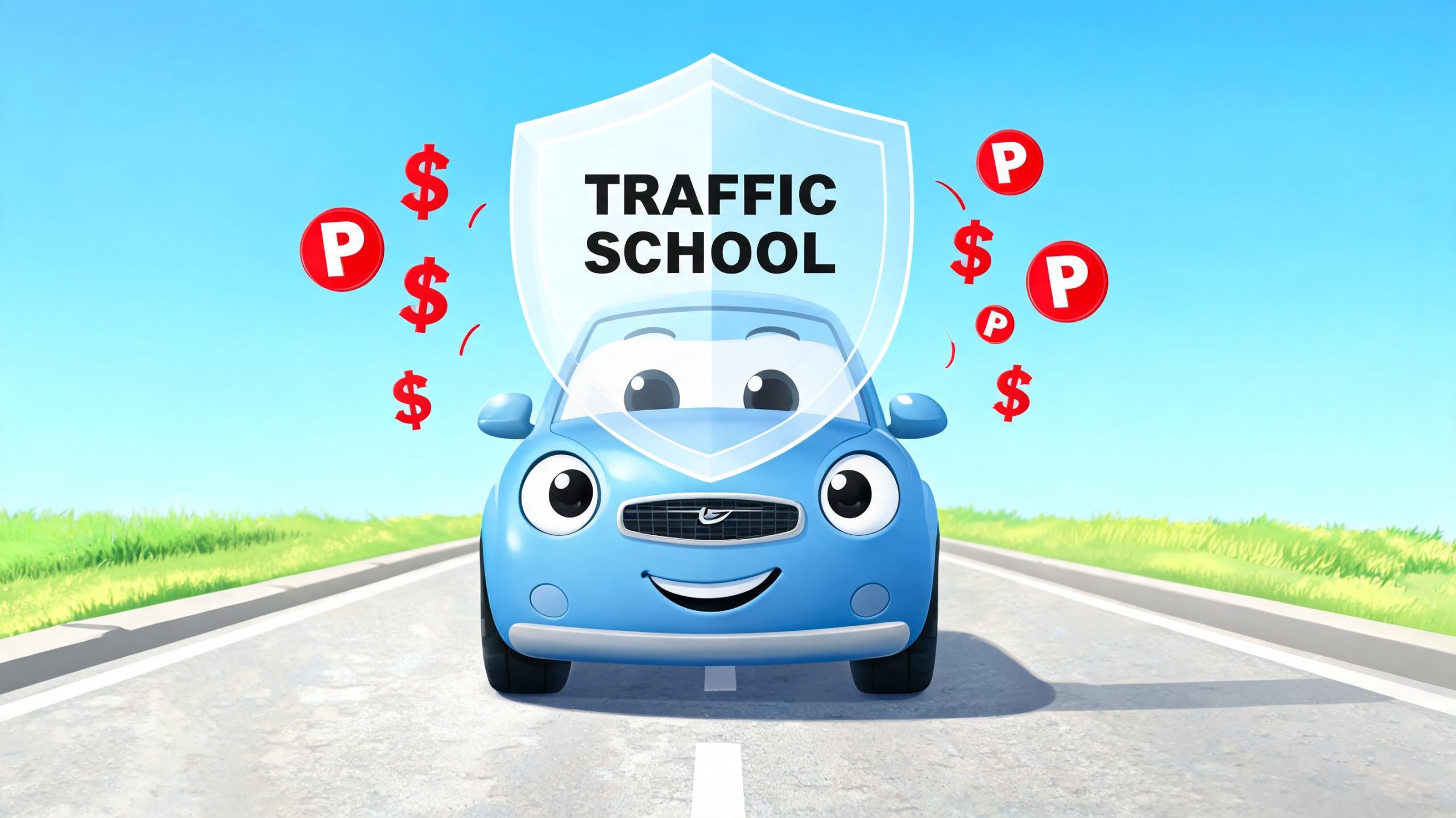 A happy blue cartoon car driving on a road under a protective shield labeled traffic school.