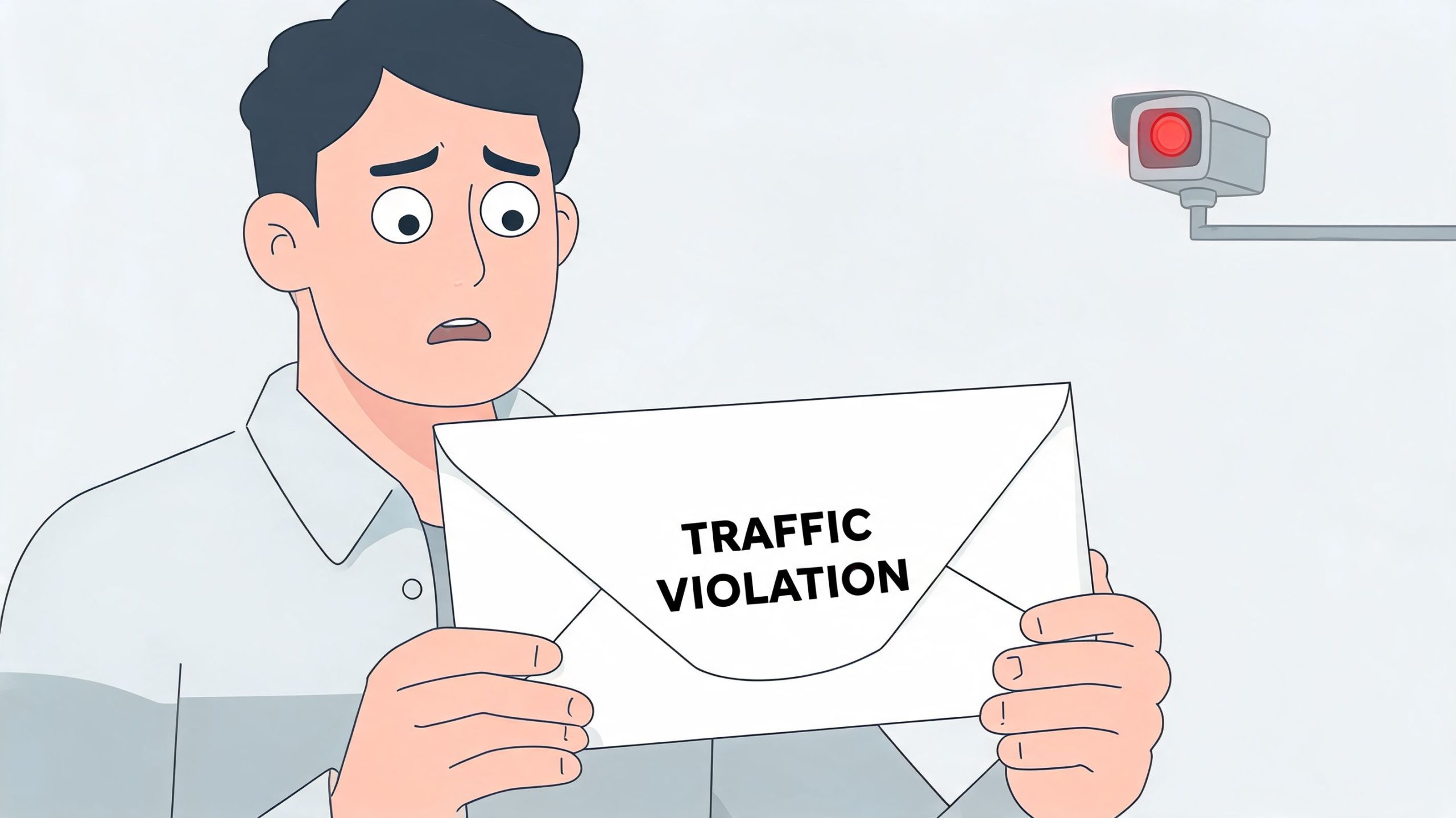 A worried young man looking at a traffic violation notice letter with a security camera behind him.