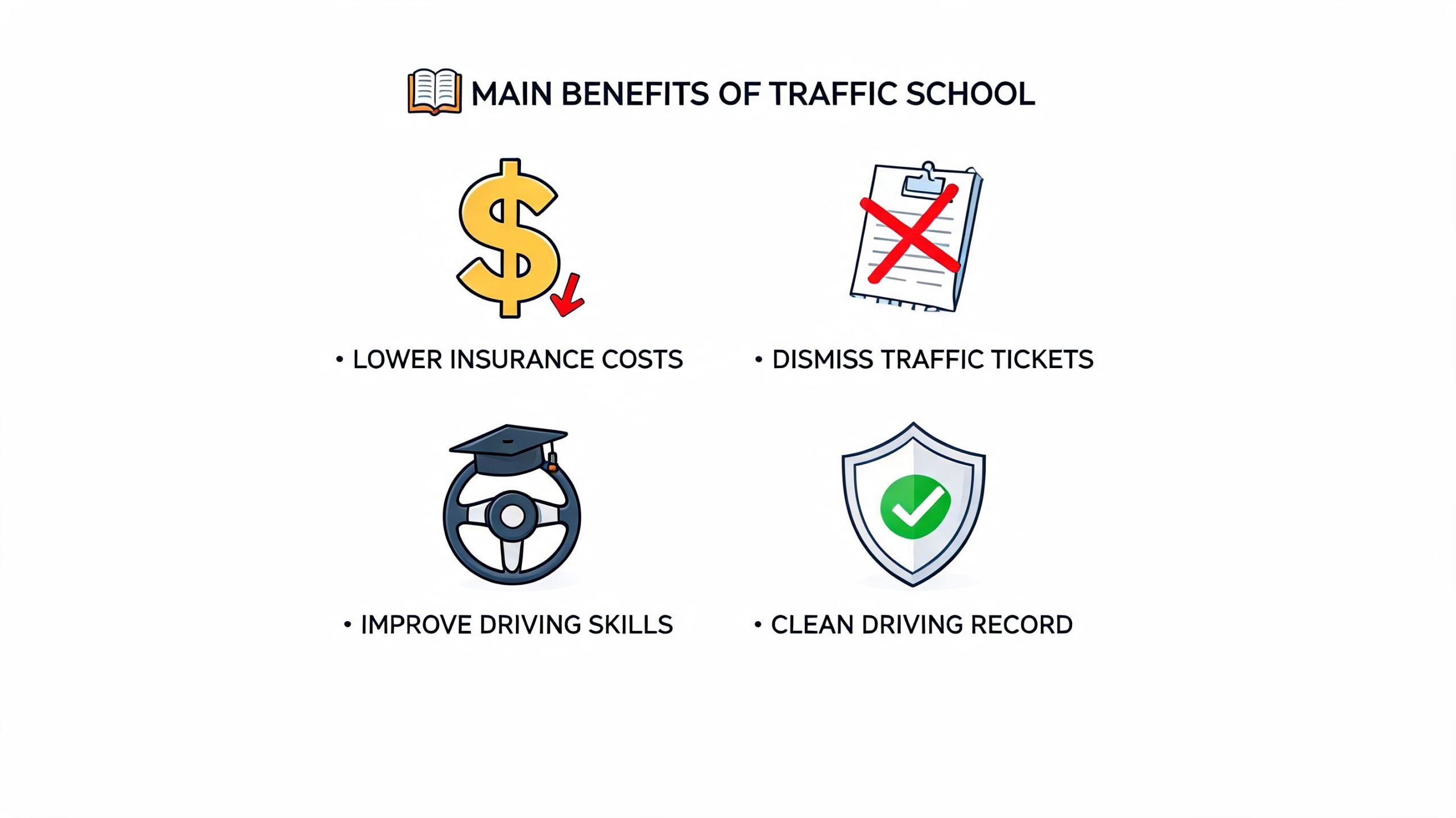 A graphic illustration highlighting the main benefits of attending traffic school, including lower costs and clean records.