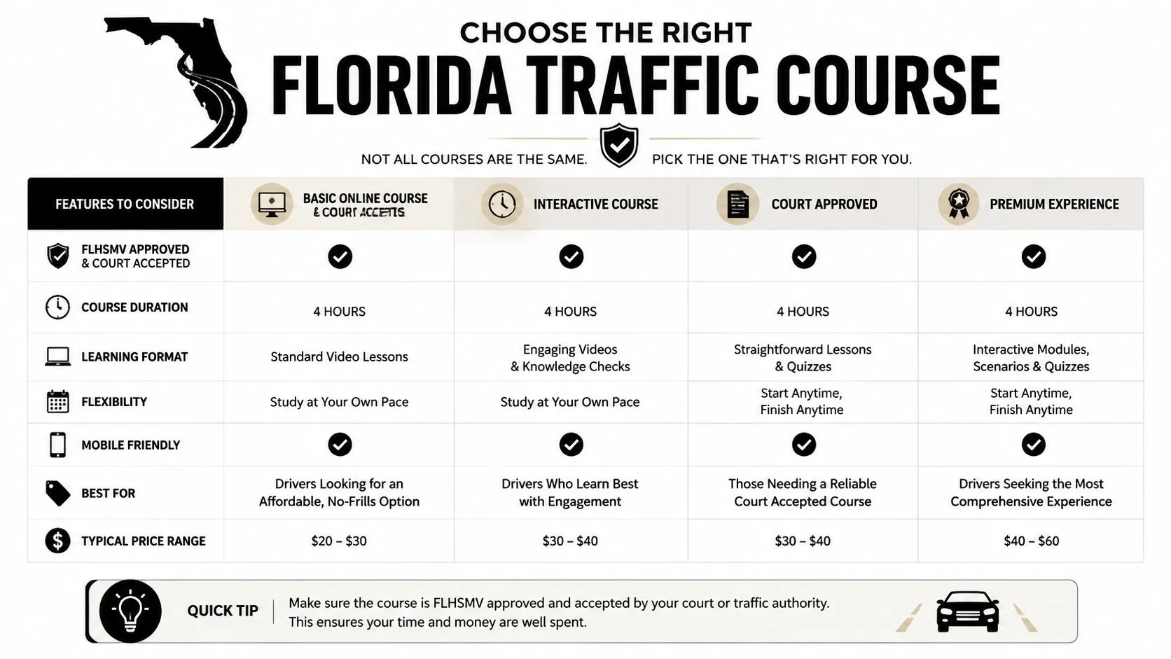 A comparison chart showing four different types of Florida traffic school courses and their features.