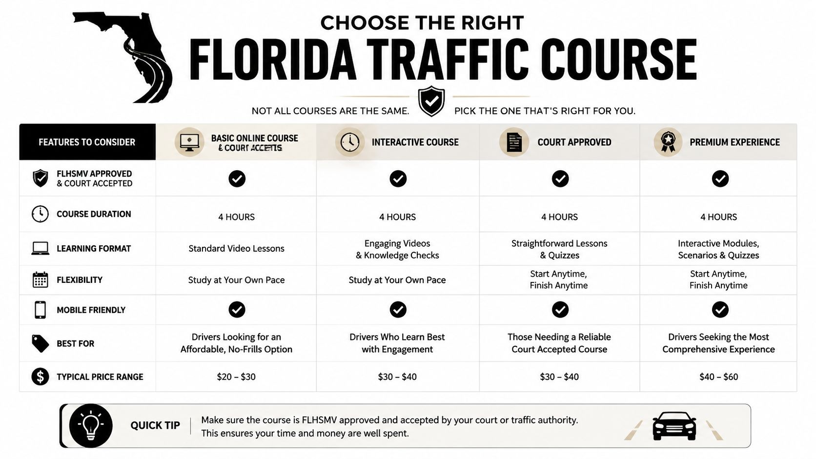 A comparison chart showing four different types of Florida traffic school courses and their features.