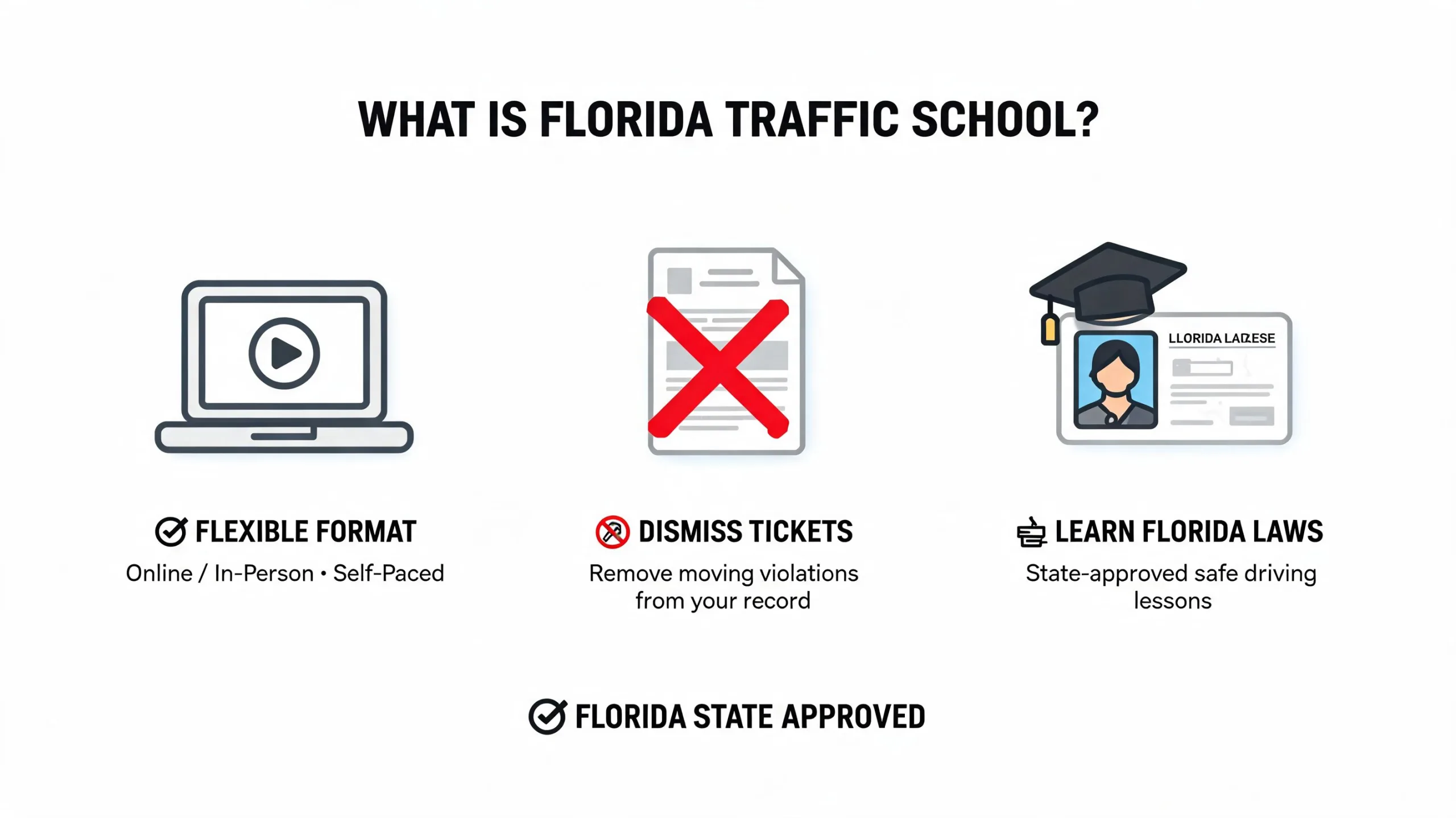 An infographic explaining Florida traffic school, highlighting flexible learning formats, ticket dismissal, and Florida state-approved driving lessons.