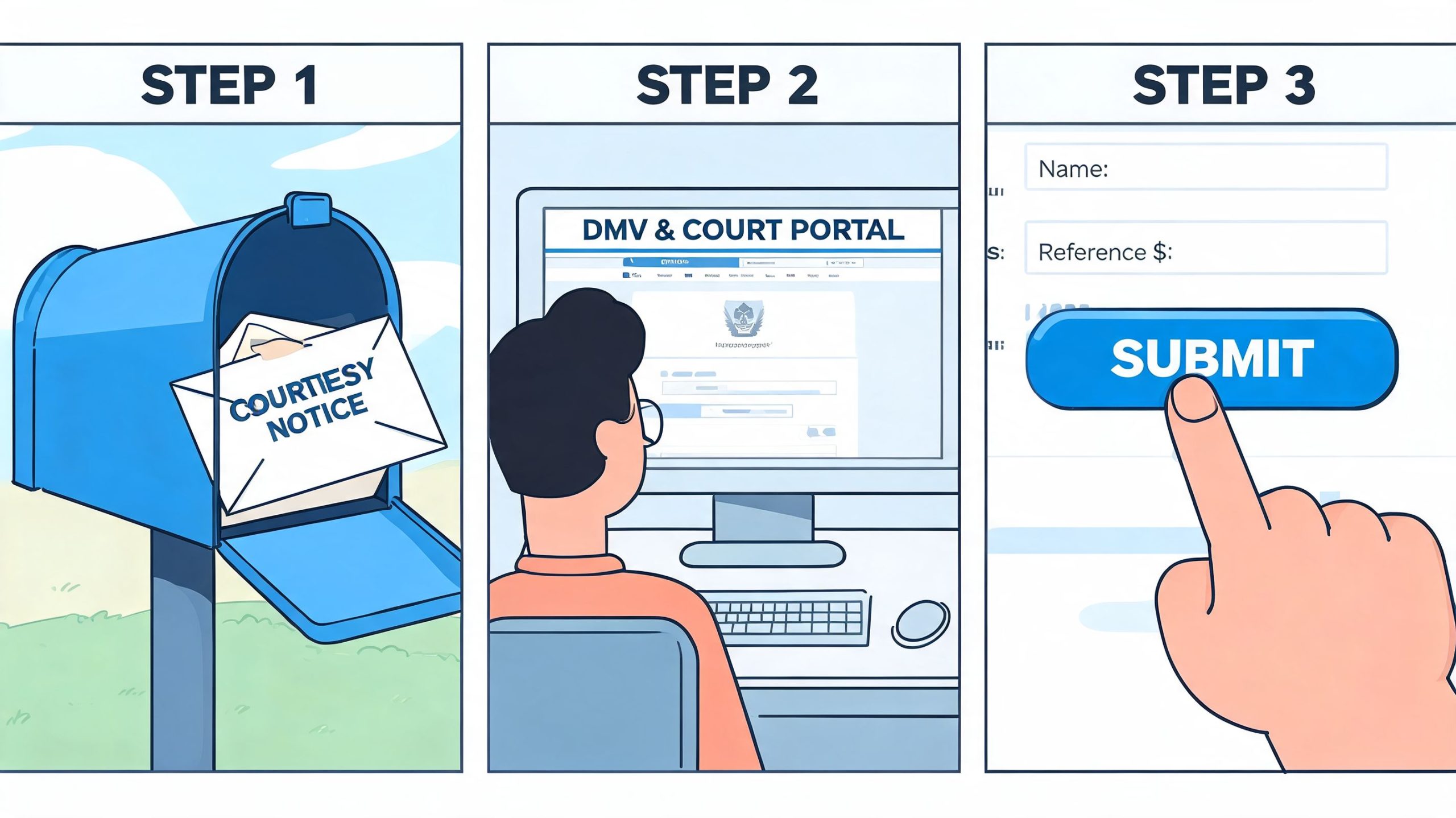 A three-step illustration showing how to pay for California traffic school online via the court portal.