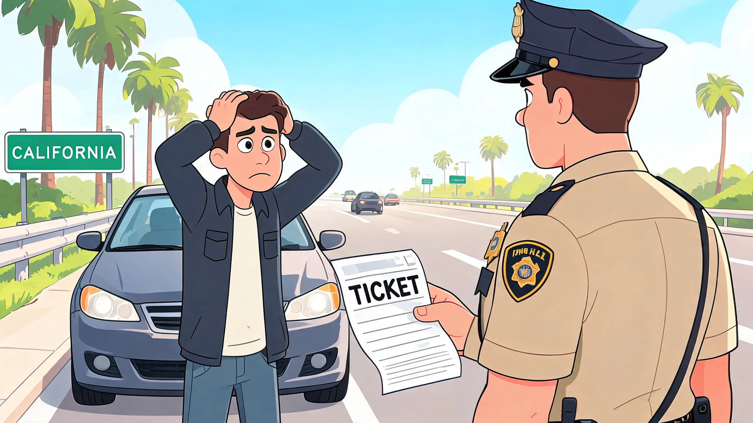 A police officer hands a traffic ticket to a distressed driver on a California highway.