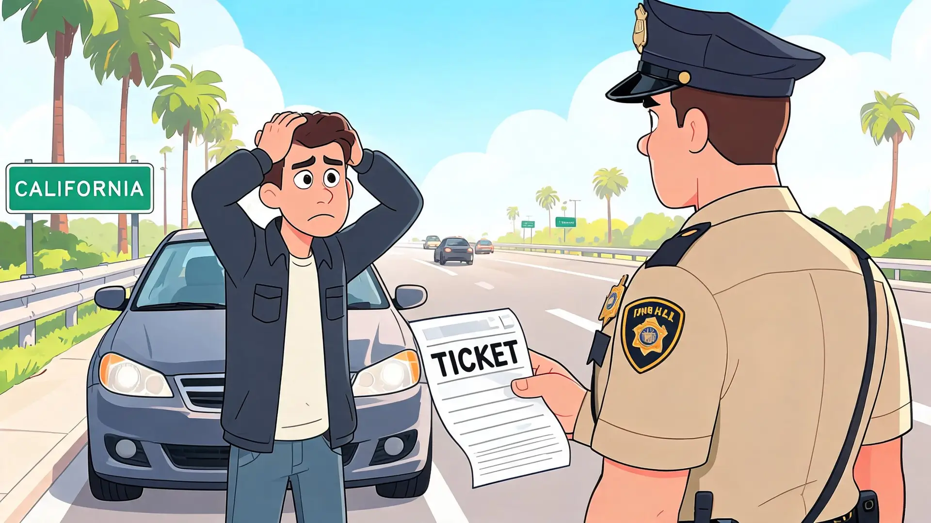 A police officer hands a traffic ticket to a distressed driver on a California highway.