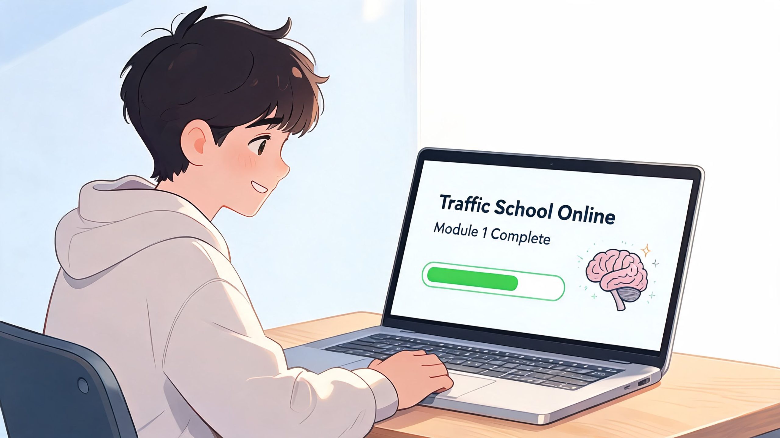 An anime style boy smiling while studying on his laptop for an online traffic school course.