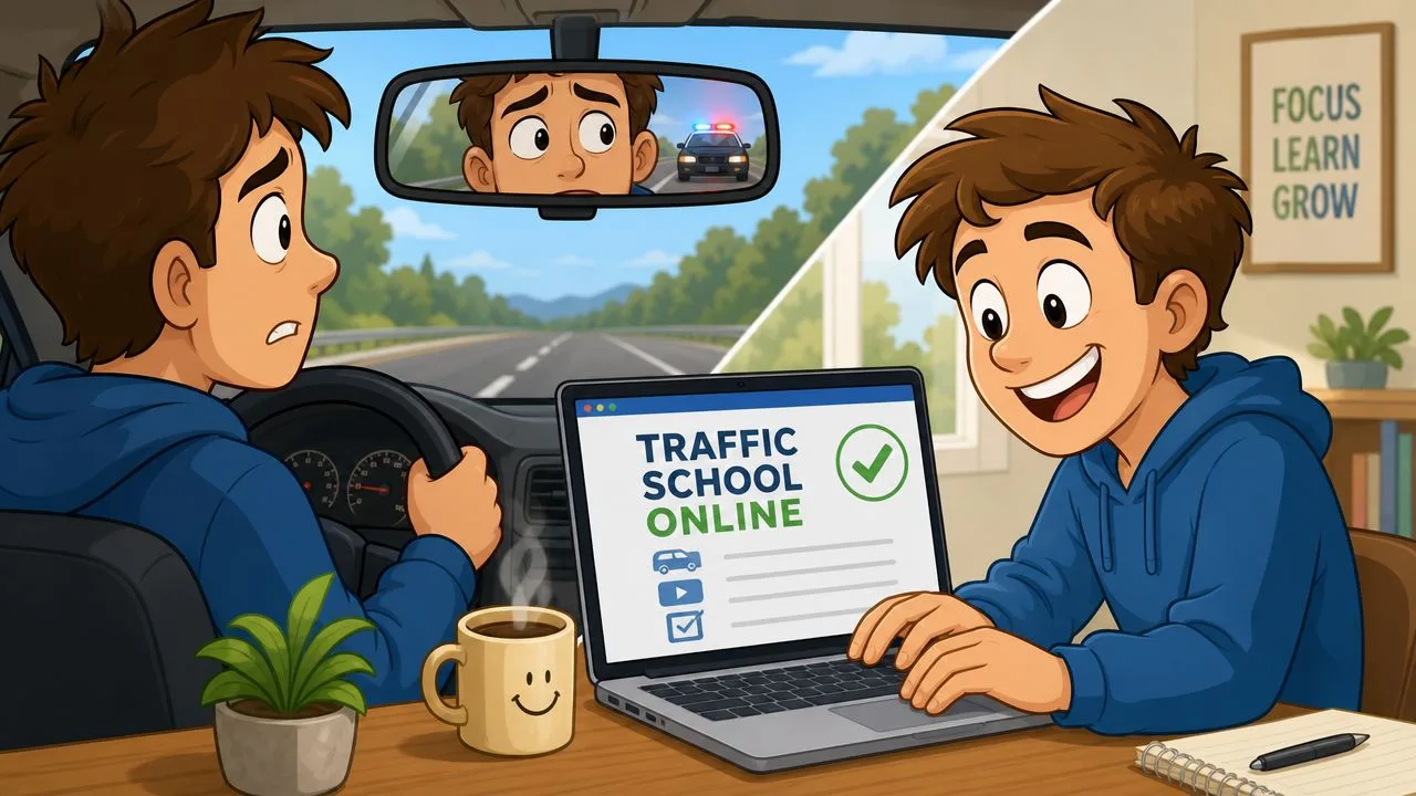 A split image showing a stressed driver seeing police lights and a student happily completing online traffic school.