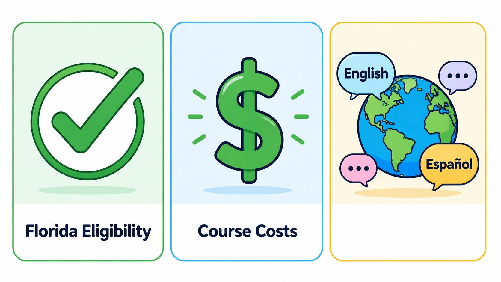 A graphic featuring three icons representing Florida eligibility requirements, online course costs, and available language options.