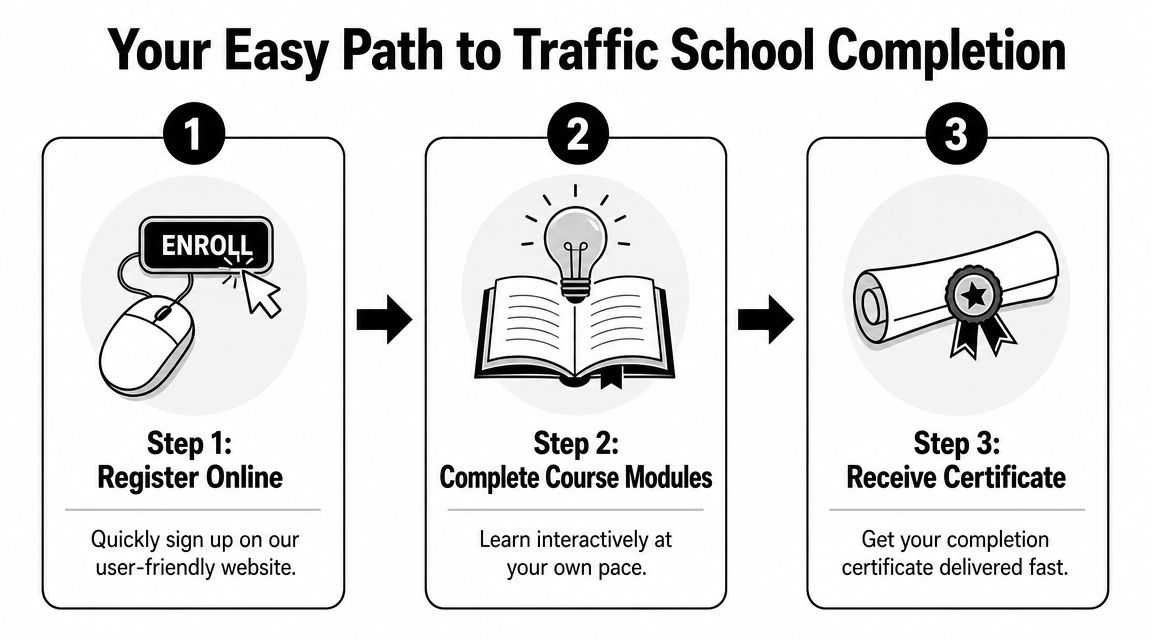 A simple three-step infographic showing how to complete an online traffic school course from home.