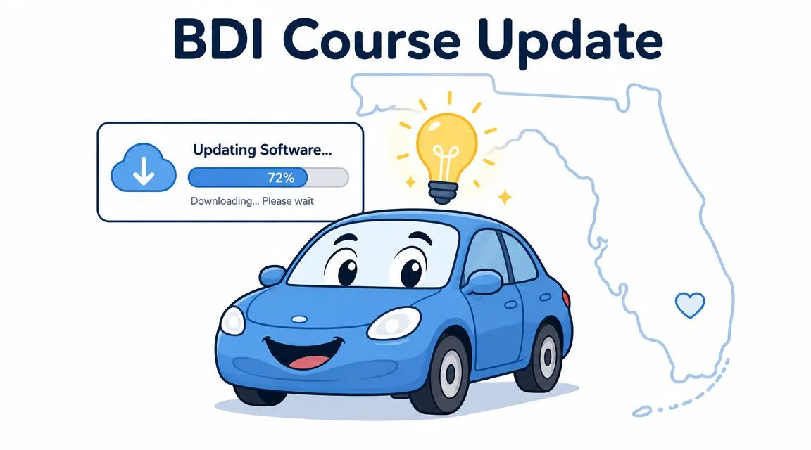 An illustration of a blue car with a lightbulb icon and a Florida state map graphic.