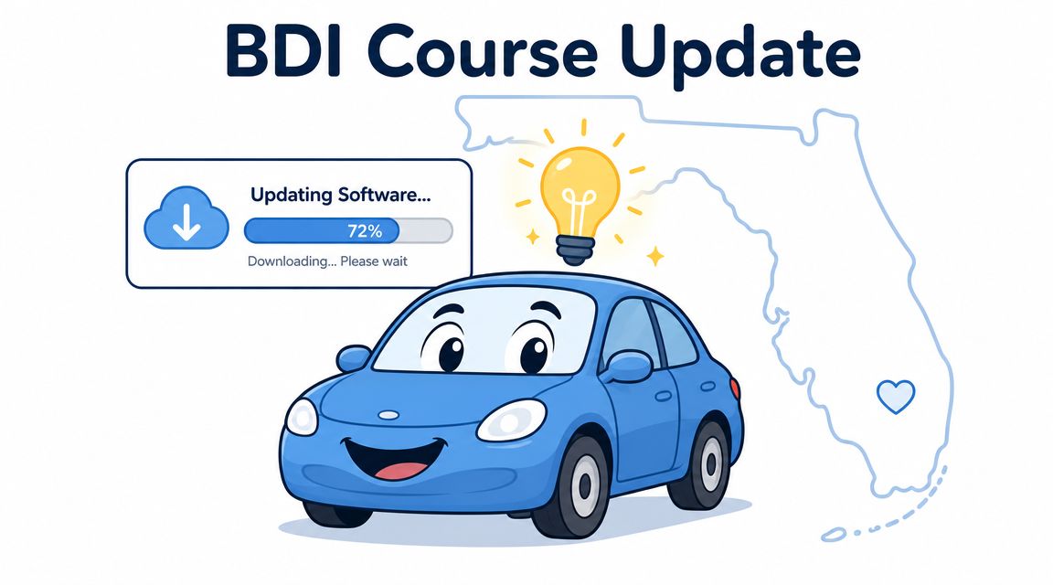 An illustration of a blue car with a lightbulb icon and a Florida state map graphic.