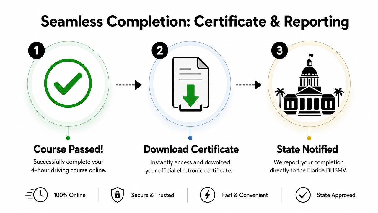 A diagram illustrating the three simple steps to complete a Florida 4-hour online driving course successfully.