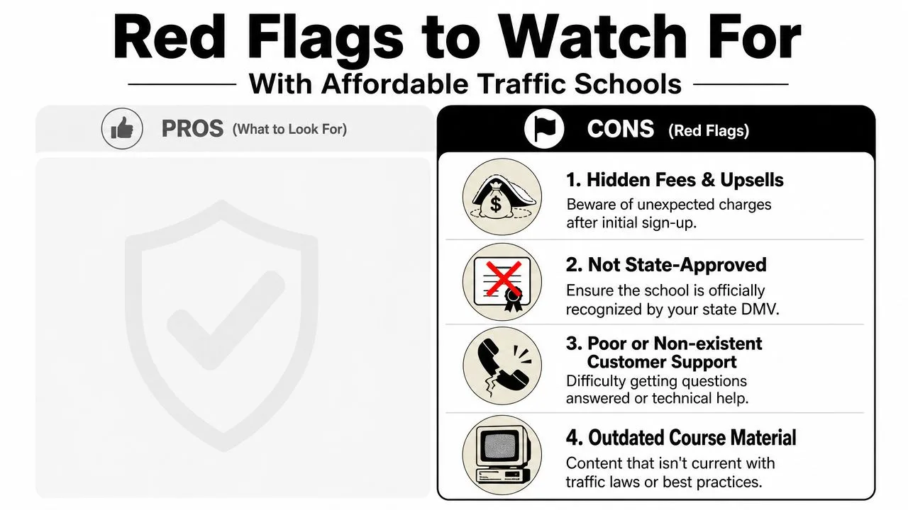 An infographic detailing red flags to watch for when selecting an affordable online traffic school course.