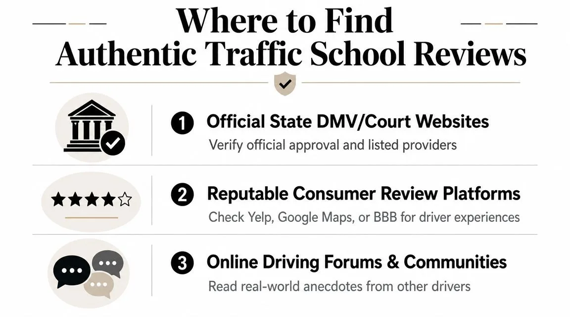 A list of three reliable sources for finding authentic and trusted traffic school reviews online.