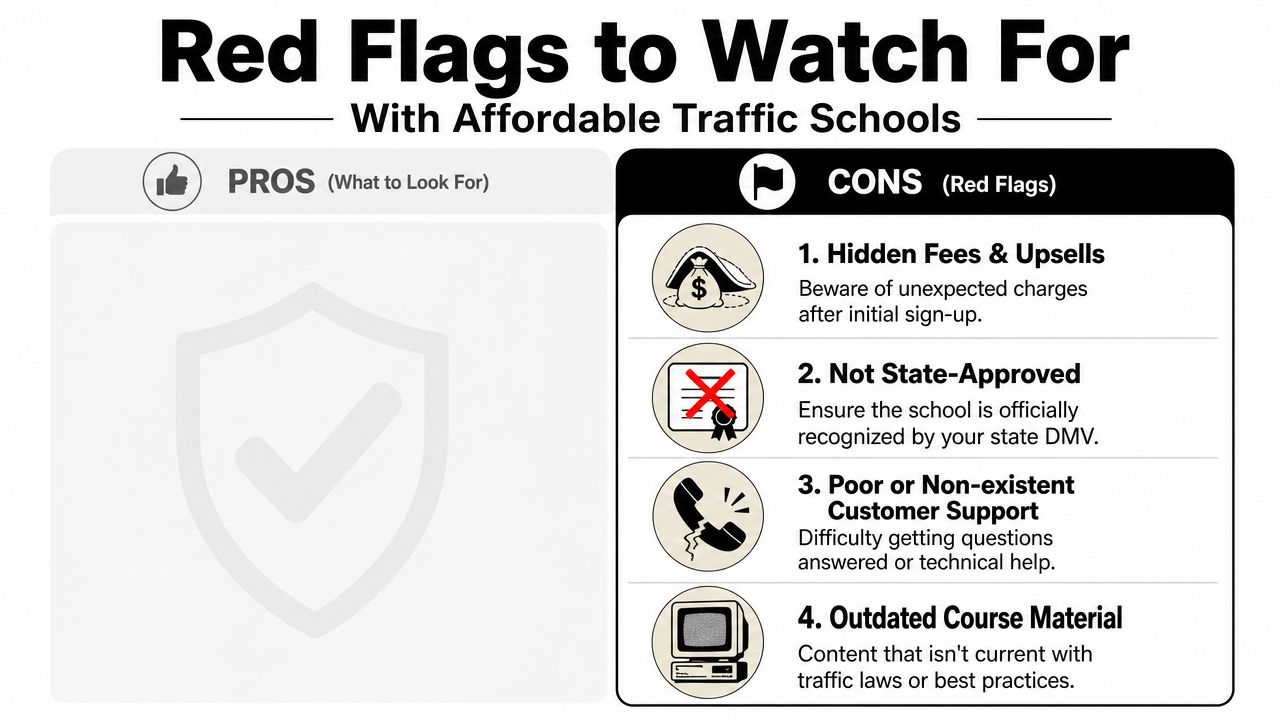 An infographic detailing red flags to watch for when selecting an affordable online traffic school course.