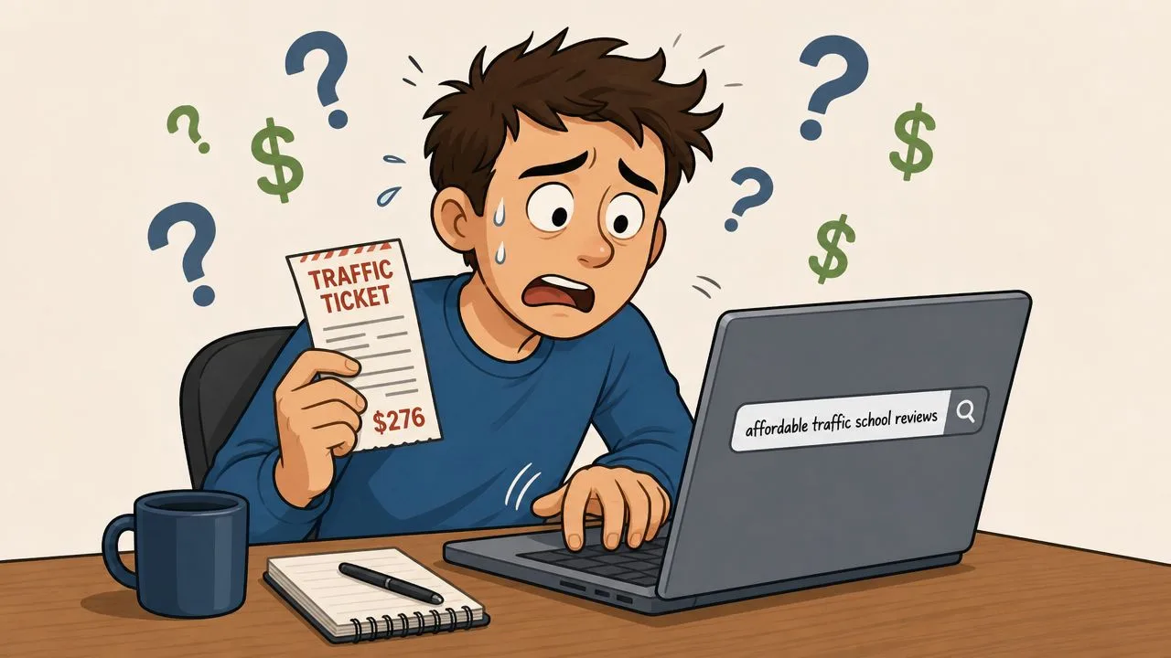 A stressed man looking at a traffic ticket and searching for affordable traffic school reviews online.
