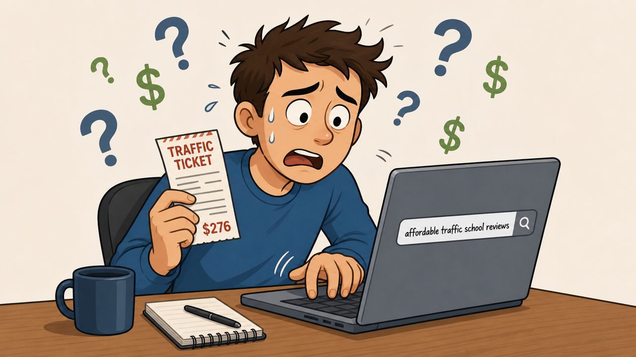 A stressed man looking at a traffic ticket and searching for affordable traffic school reviews online.