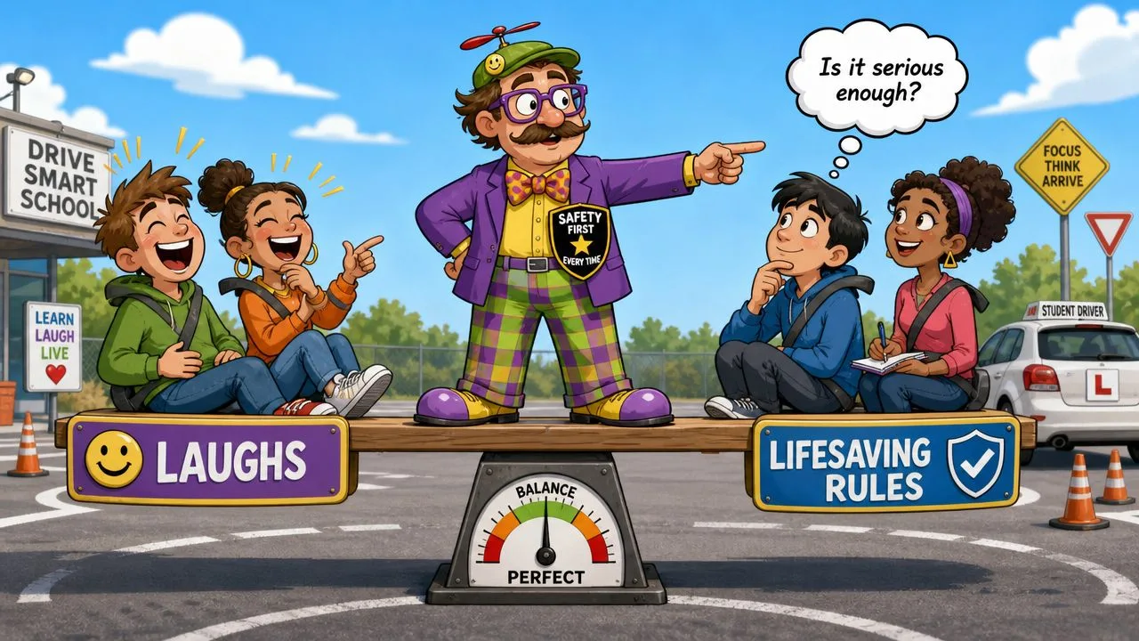 A driving instructor balancing laughing students with lifesaving rules on a seesaw at a school.