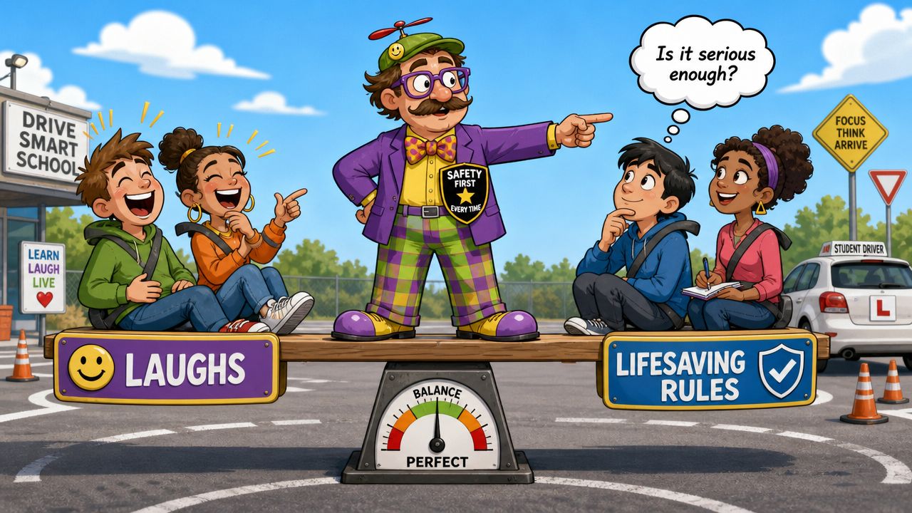 A driving instructor balancing laughing students with lifesaving rules on a seesaw at a school.