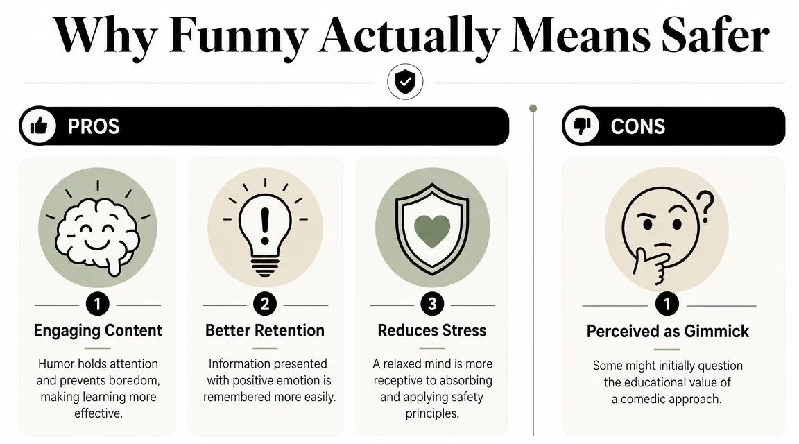 An infographic titled Why Funny Actually Means Safer listing pros and cons of using humor in safety training.