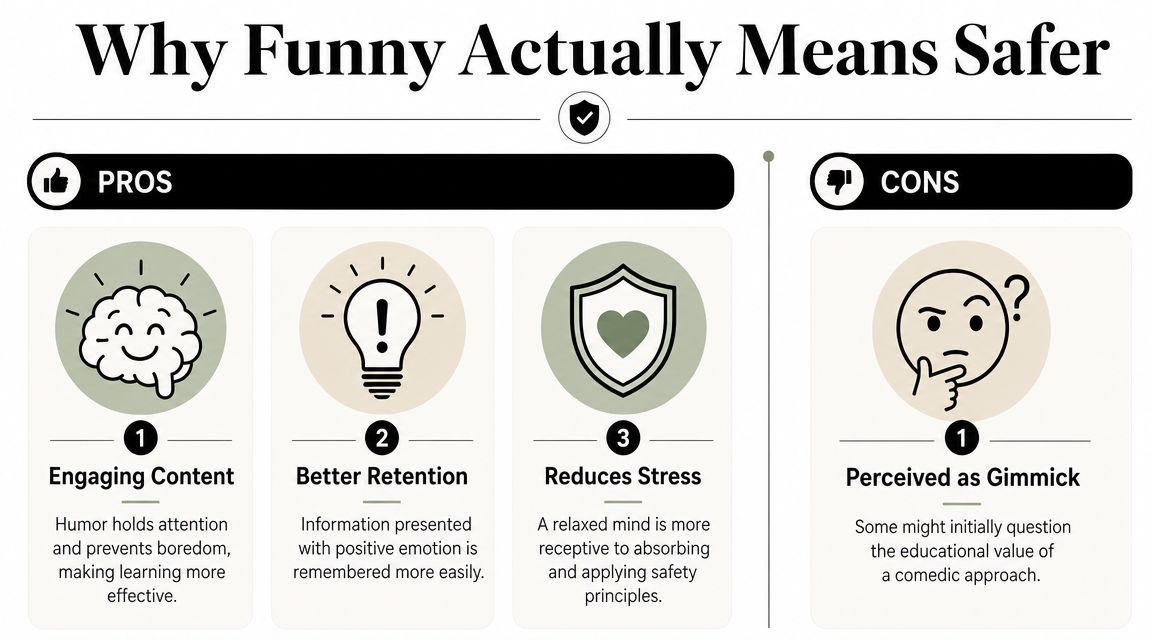 An infographic titled Why Funny Actually Means Safer listing pros and cons of using humor in safety training.