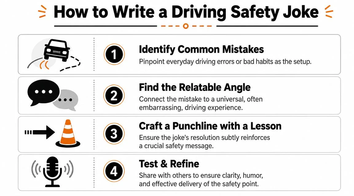 An instructional graphic showing four steps on how to write a driving safety joke.