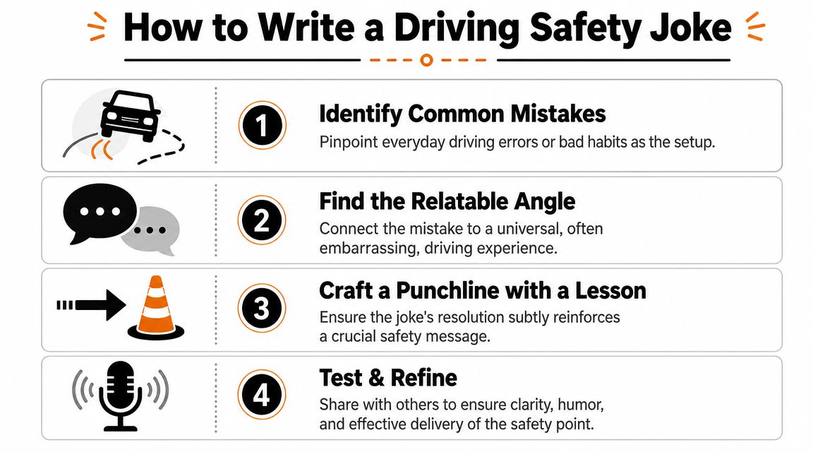 An instructional graphic showing four steps on how to write a driving safety joke.