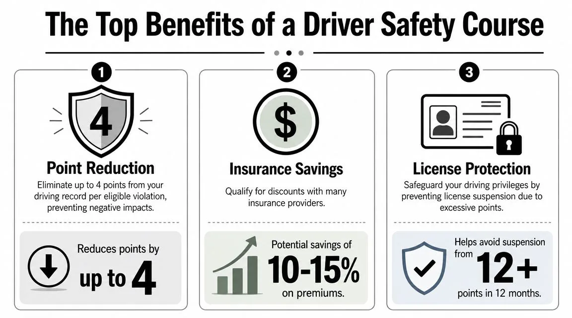 An infographic detailing three major benefits of taking a driver safety course: point reduction, insurance savings, and license protection.