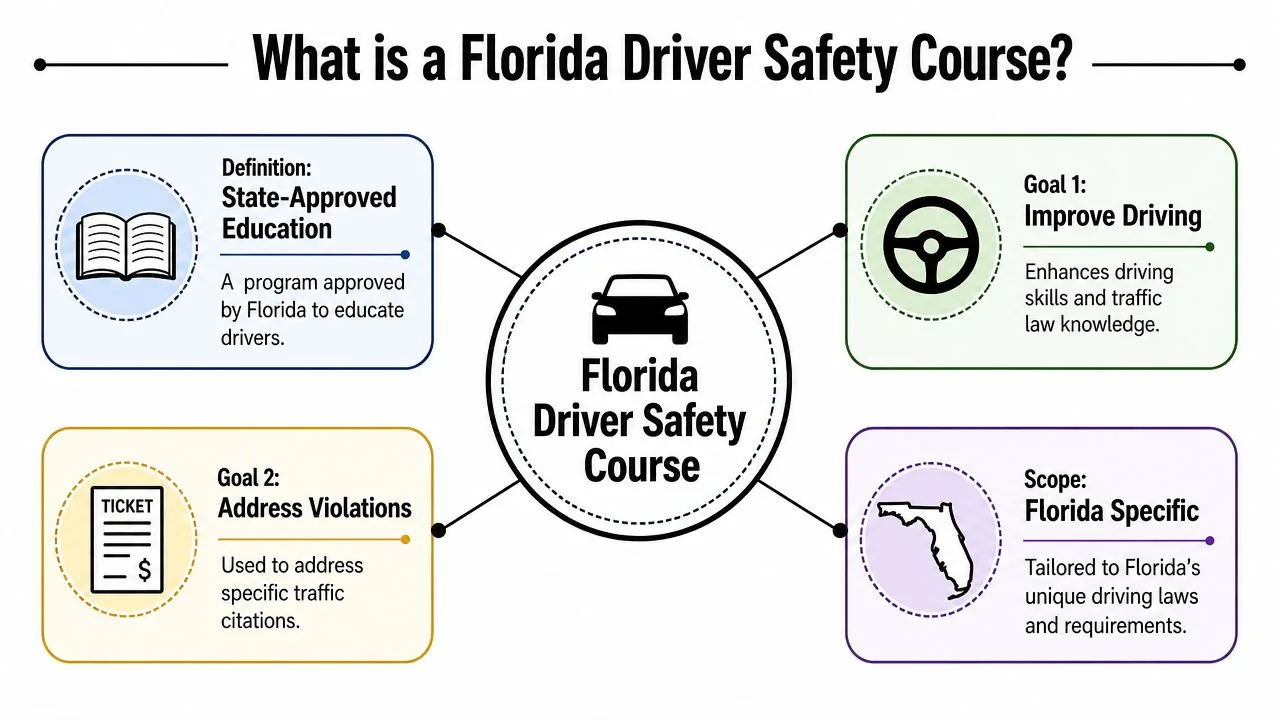 An infographic explaining a Florida driver safety course, detailing its definition, goals of improving skills and addressing traffic violations.