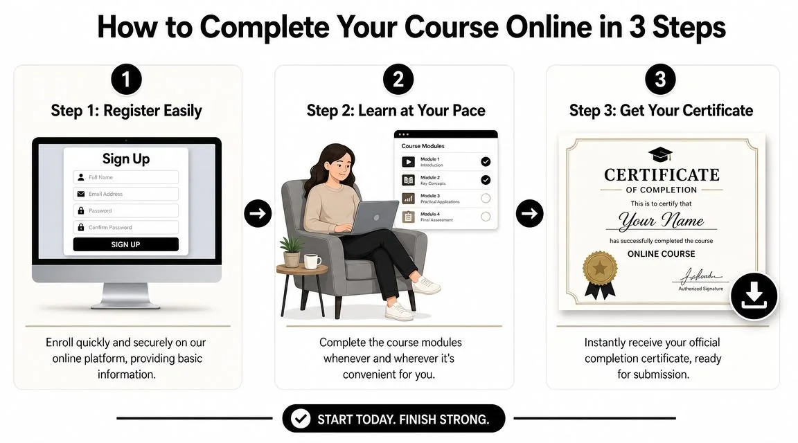 A three-step infographic showing how to enroll, study modules, and receive a digital certificate online.