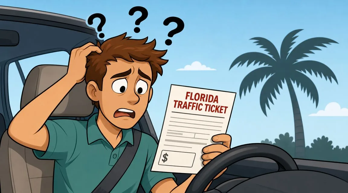 A confused young man sitting in his car holding a Florida traffic ticket in his hand.