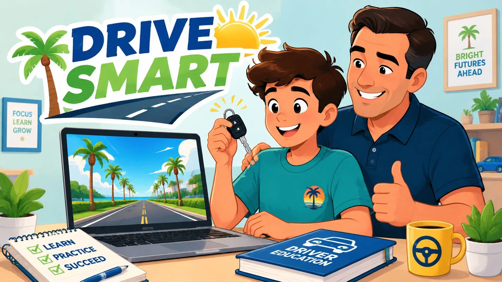 A teenage boy and his father smiling together while using an online driver education program on laptop.