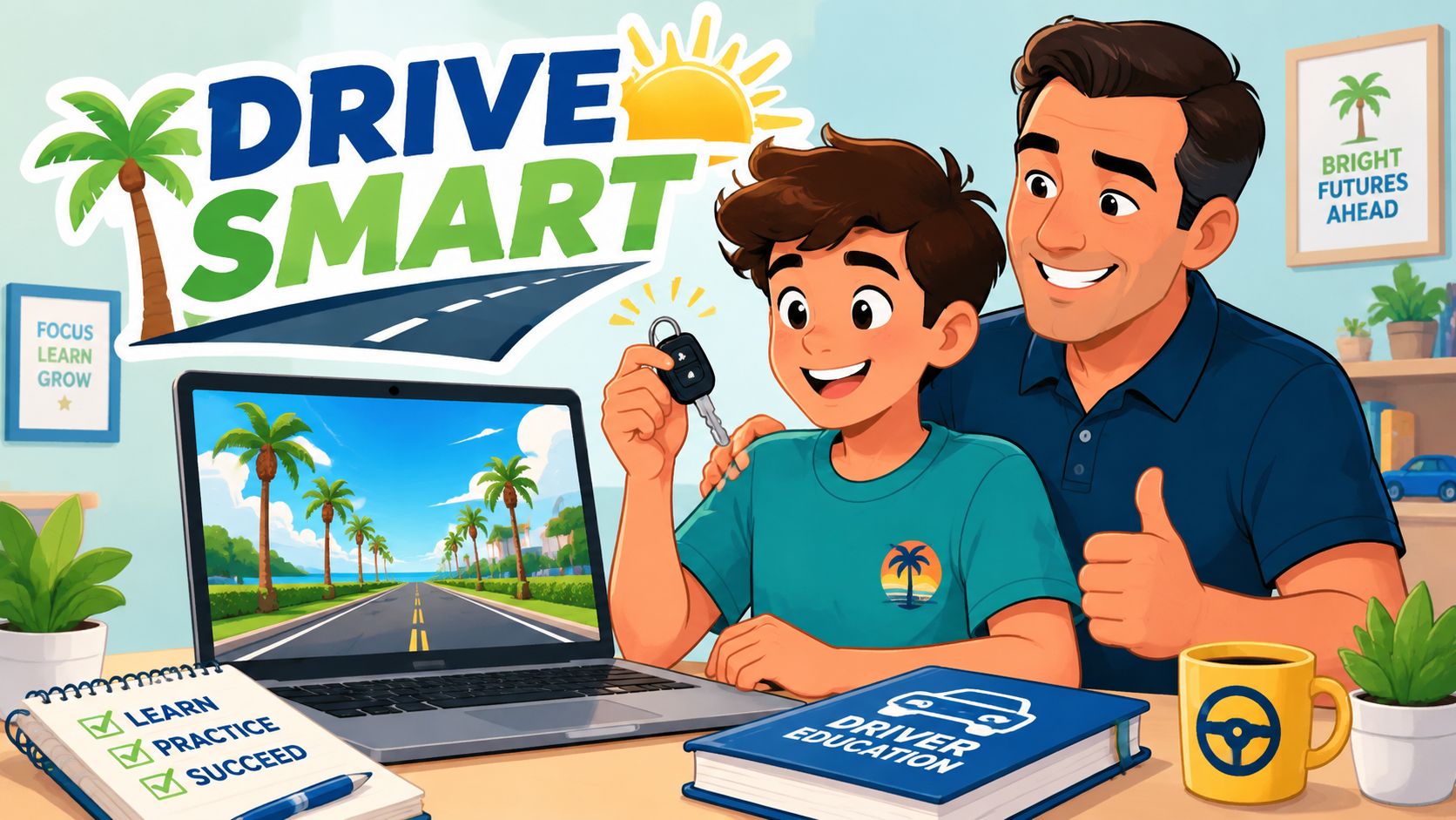 A teenage boy and his father smiling together while using an online driver education program on laptop.