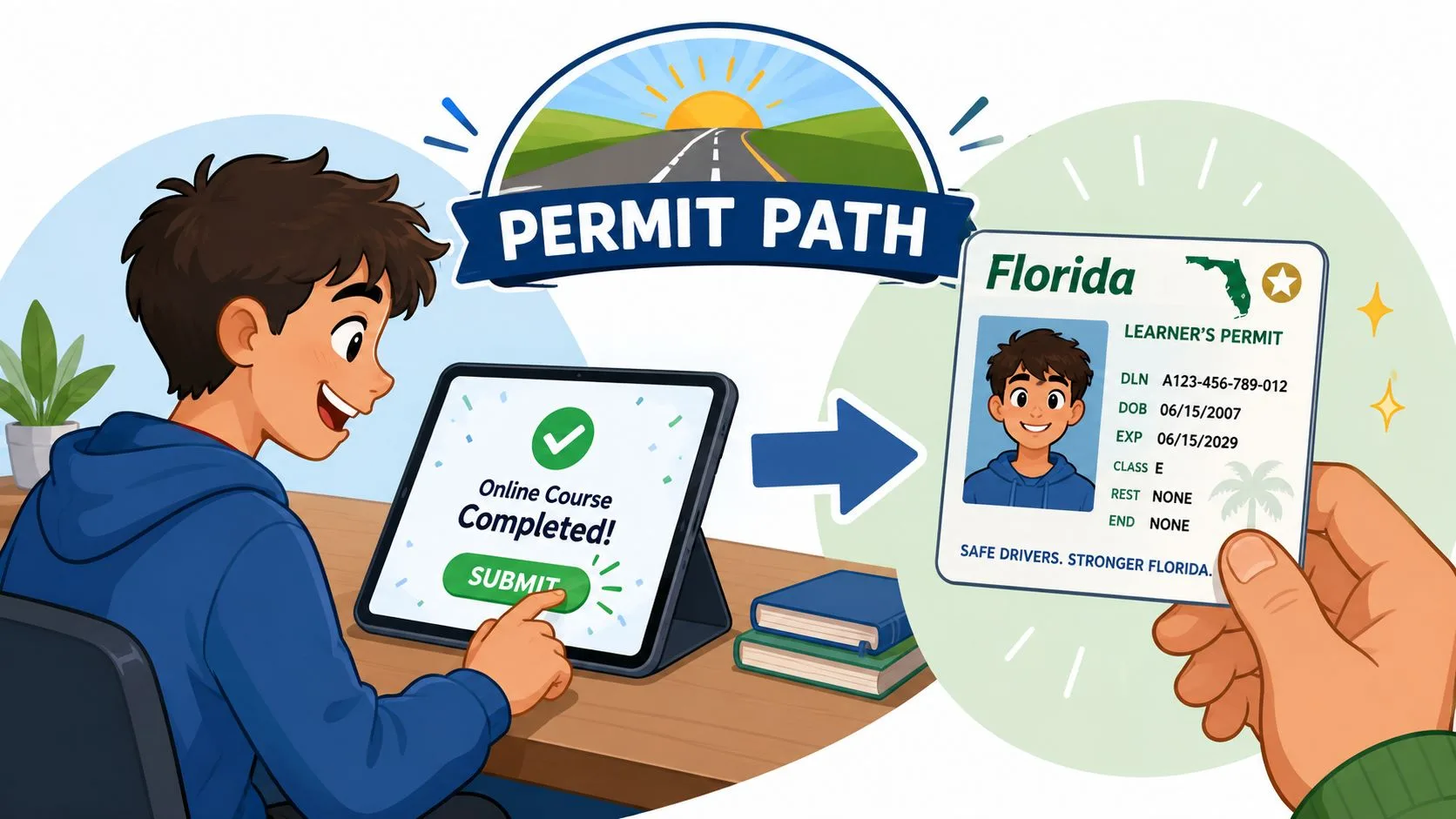 A teenager completing an online driver education course on a tablet to receive a Florida learner's permit.