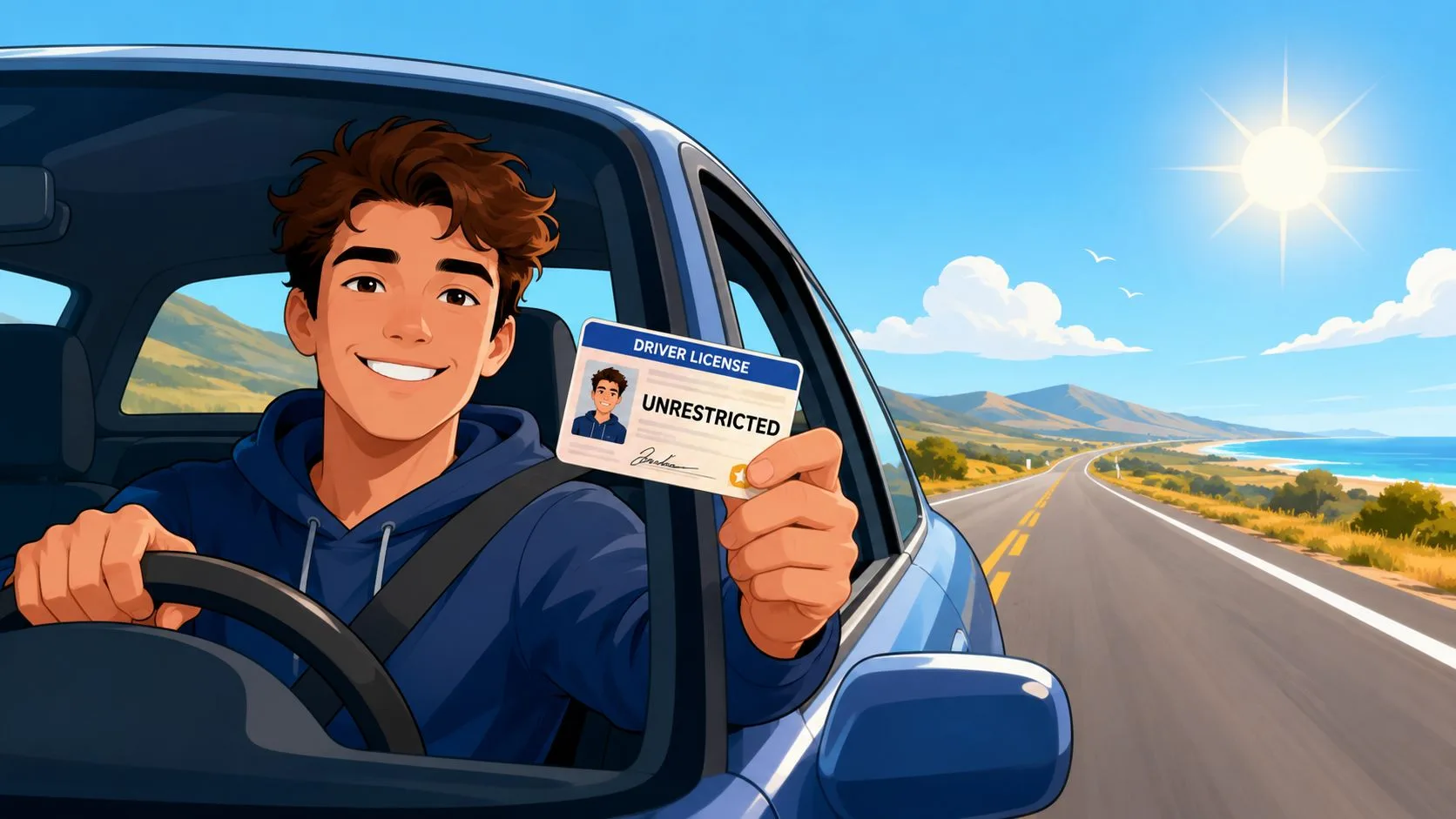 A happy young man holding up his new unrestricted driver license while driving a car along a road.