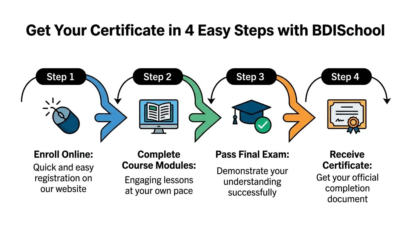 A diagram illustrating the four simple steps to earn a certification with BDISchool, from enrollment to completion.